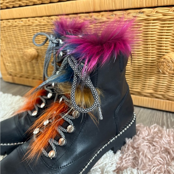 CECILIA NEW YORK Black Leather Trekker Boots with Multicolor Fur Trim - Picture 7 of 12